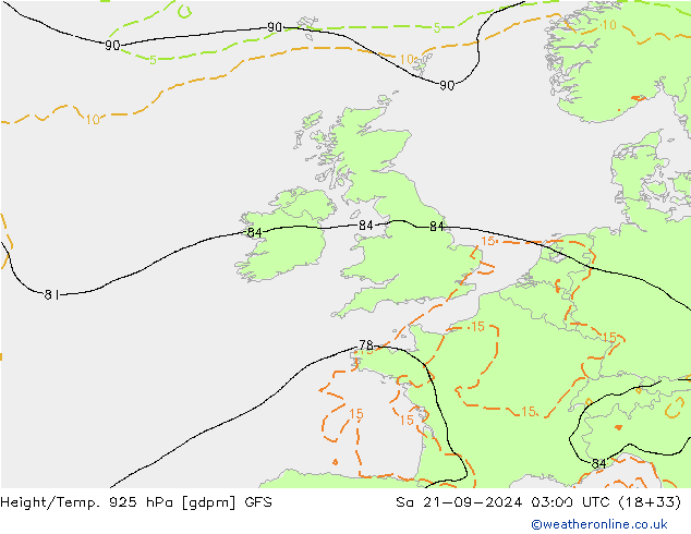 Yükseklik/Sıc. 925 hPa GFS Cts 21.09.2024 03 UTC