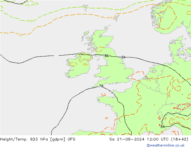 Height/Temp. 925 hPa GFS  21.09.2024 12 UTC