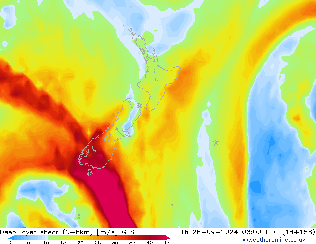 Deep layer shear (0-6km) GFS Th 26.09.2024 06 UTC