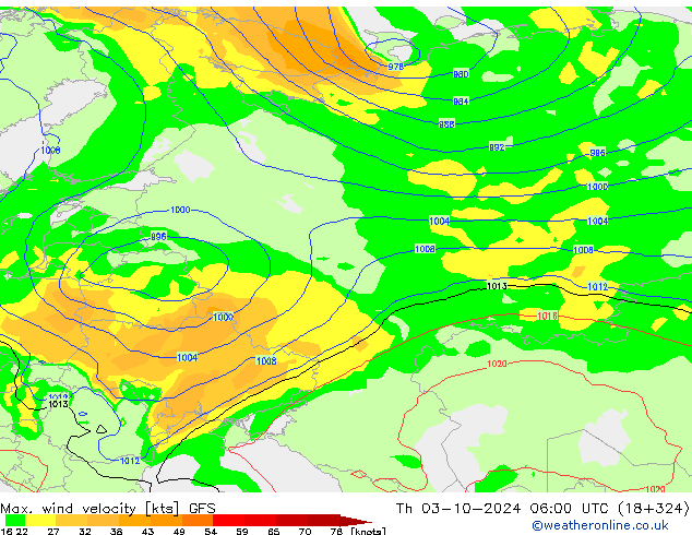 Max. wind velocity GFS Th 03.10.2024 06 UTC