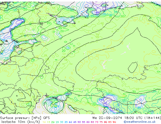 Isotachen (km/h) GFS wo 25.09.2024 18 UTC