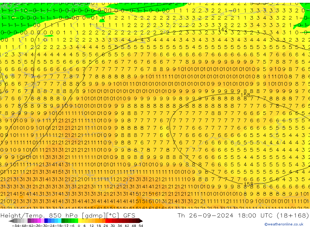 Hoogte/Temp. 850 hPa GFS do 26.09.2024 18 UTC