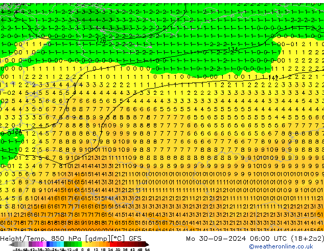 Height/Temp. 850 hPa GFS Mo 30.09.2024 06 UTC