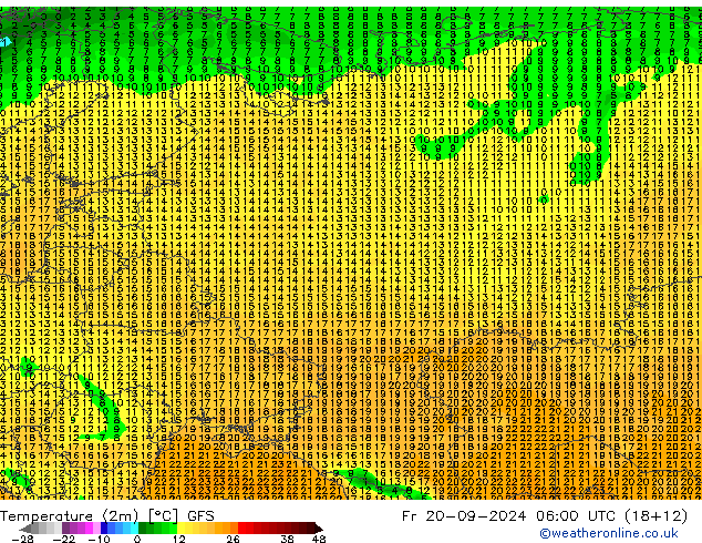 Temperaturkarte (2m) GFS Fr 20.09.2024 06 UTC