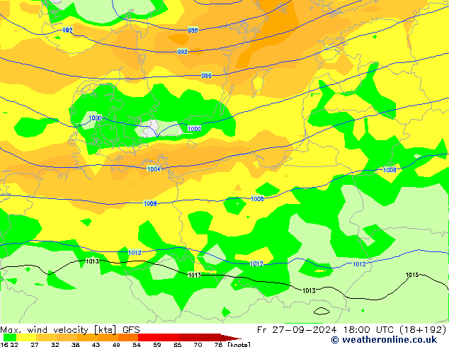 Max. wind snelheid GFS vr 27.09.2024 18 UTC