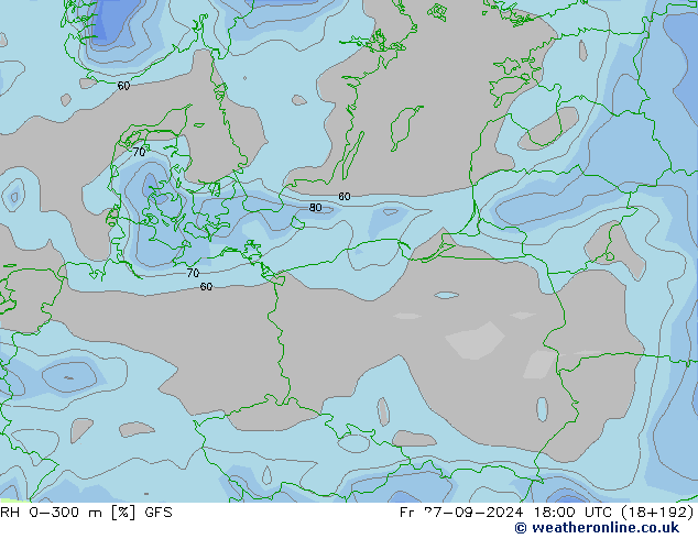 RH 0-300 m GFS Pá 27.09.2024 18 UTC