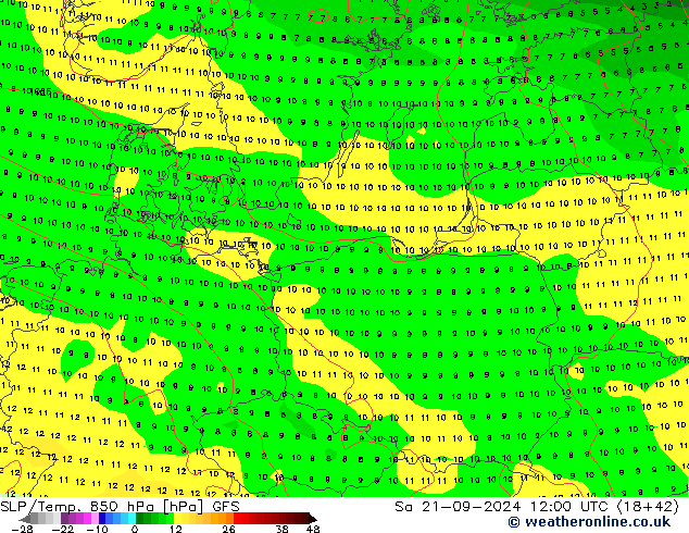 SLP/Temp. 850 hPa GFS Sa 21.09.2024 12 UTC