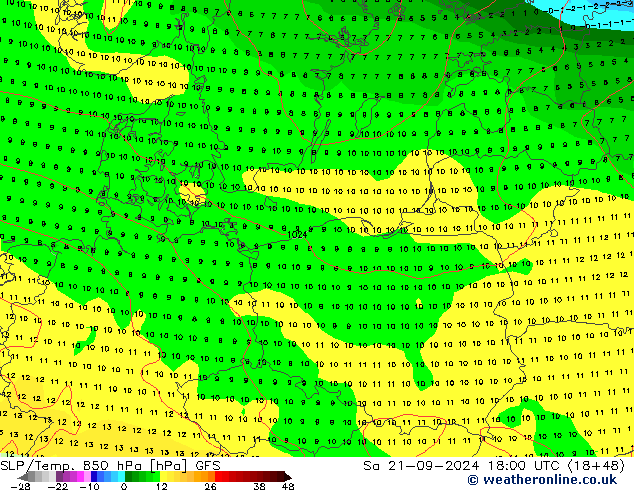 SLP/Temp. 850 hPa GFS Sa 21.09.2024 18 UTC