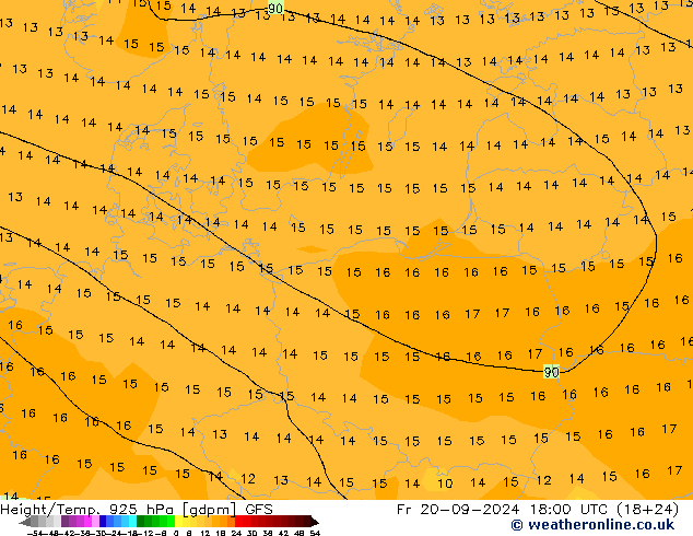 Height/Temp. 925 hPa GFS Pá 20.09.2024 18 UTC