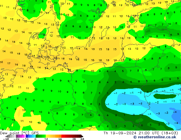 Rosný bod GFS Čt 19.09.2024 21 UTC