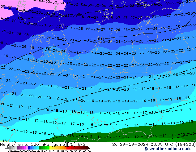 Z500/Rain (+SLP)/Z850 GFS Вс 29.09.2024 06 UTC