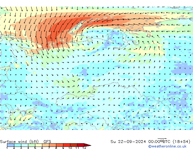 Surface wind (bft) GFS Ne 22.09.2024 00 UTC