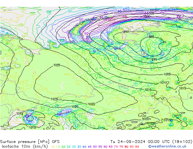 Isotaca (kph) GFS mar 24.09.2024 00 UTC