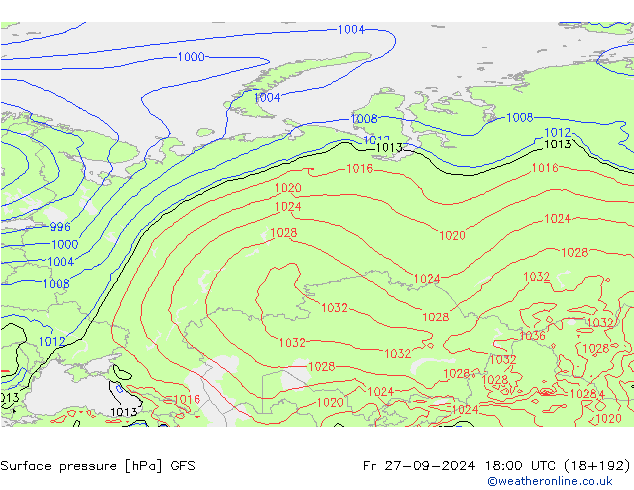 Presión superficial GFS vie 27.09.2024 18 UTC