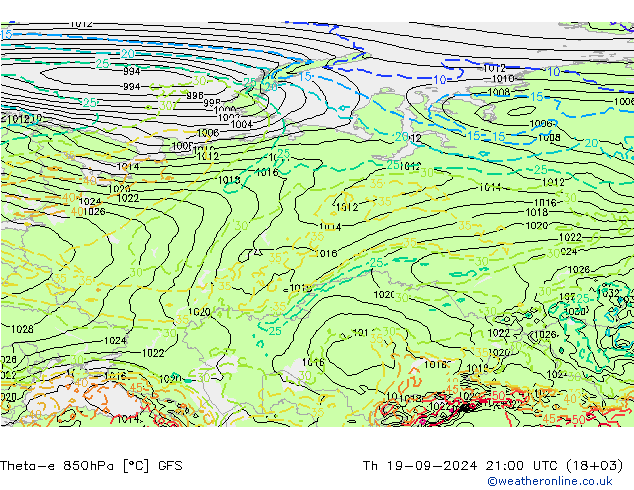 Theta-e 850hPa GFS jue 19.09.2024 21 UTC