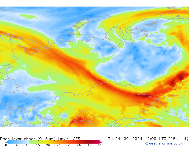 Deep layer shear (0-6km) GFS Di 24.09.2024 12 UTC