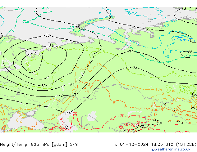 Height/Temp. 925 hPa GFS Út 01.10.2024 18 UTC