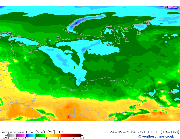 Temperature Low (2m) GFS Tu 24.09.2024 06 UTC