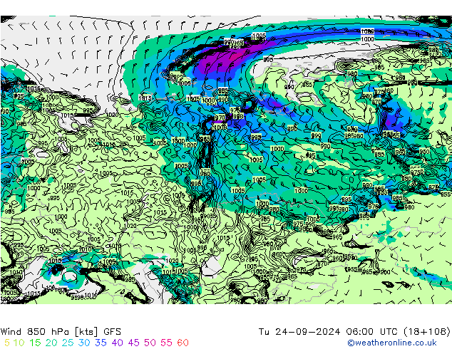 Rüzgar 850 hPa GFS Sa 24.09.2024 06 UTC