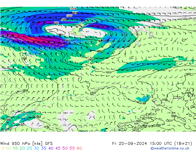 wiatr 950 hPa GFS pt. 20.09.2024 15 UTC