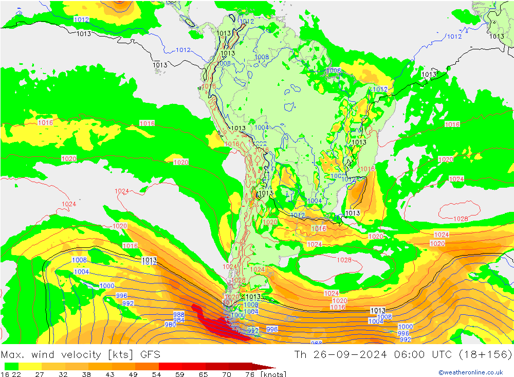 Max. wind velocity GFS чт 26.09.2024 06 UTC