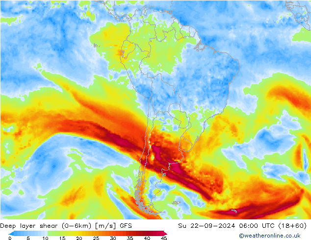 Deep layer shear (0-6km) GFS Вс 22.09.2024 06 UTC