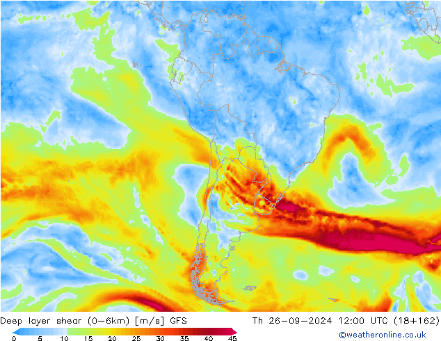 Deep layer shear (0-6km) GFS  26.09.2024 12 UTC