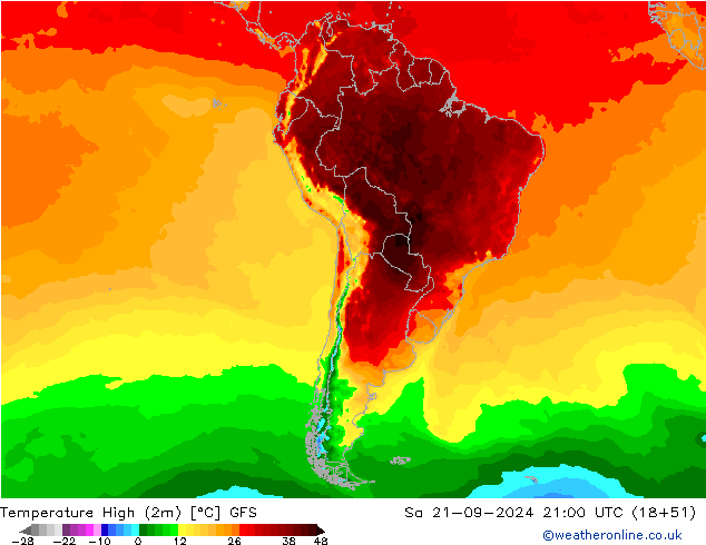 Temperature High (2m) GFS Sa 21.09.2024 21 UTC