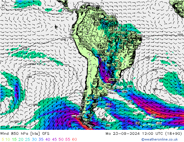 ветер 850 гПа GFS пн 23.09.2024 12 UTC