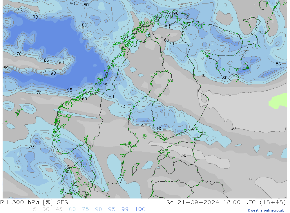 RH 300 hPa GFS Sa 21.09.2024 18 UTC