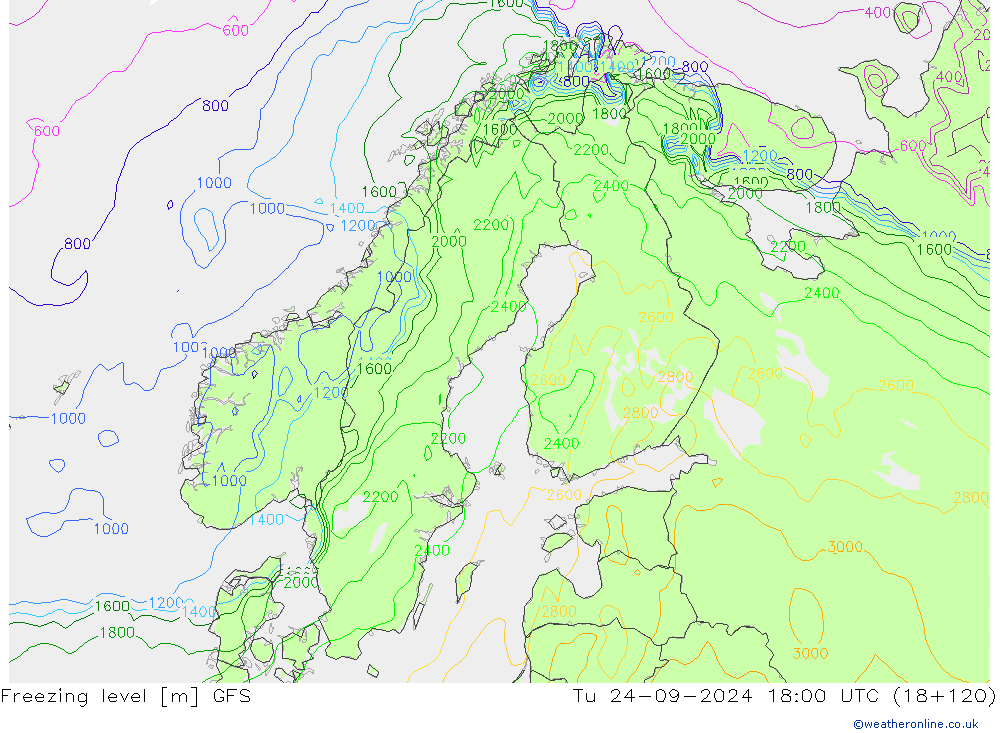 Freezing level GFS wto. 24.09.2024 18 UTC