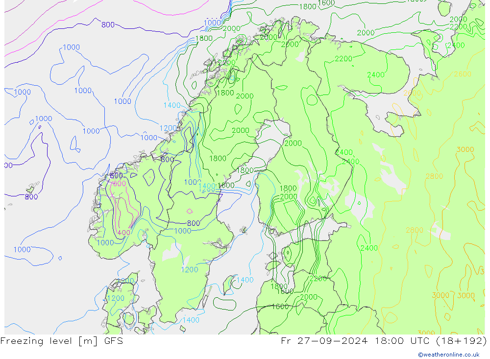 Freezing level GFS Pá 27.09.2024 18 UTC