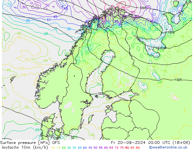 Isotachen (km/h) GFS Fr 20.09.2024 00 UTC