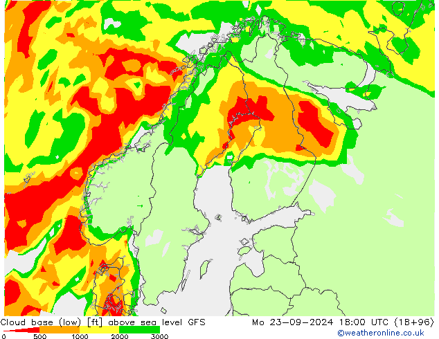 Cloud base (low) GFS пн 23.09.2024 18 UTC