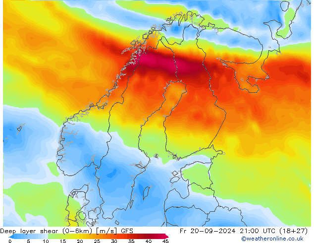 Deep layer shear (0-6km) GFS Fr 20.09.2024 21 UTC