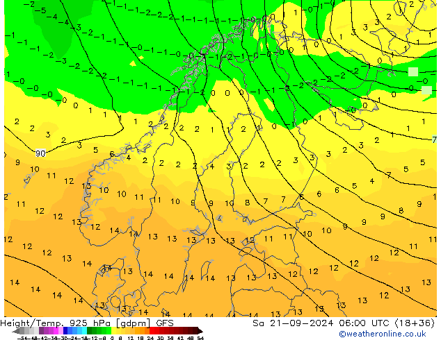 Height/Temp. 925 hPa GFS Sa 21.09.2024 06 UTC