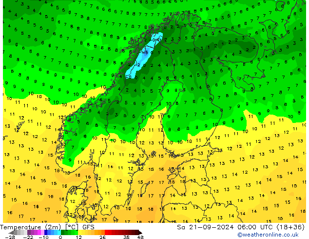 Temperature (2m) GFS Sa 21.09.2024 06 UTC