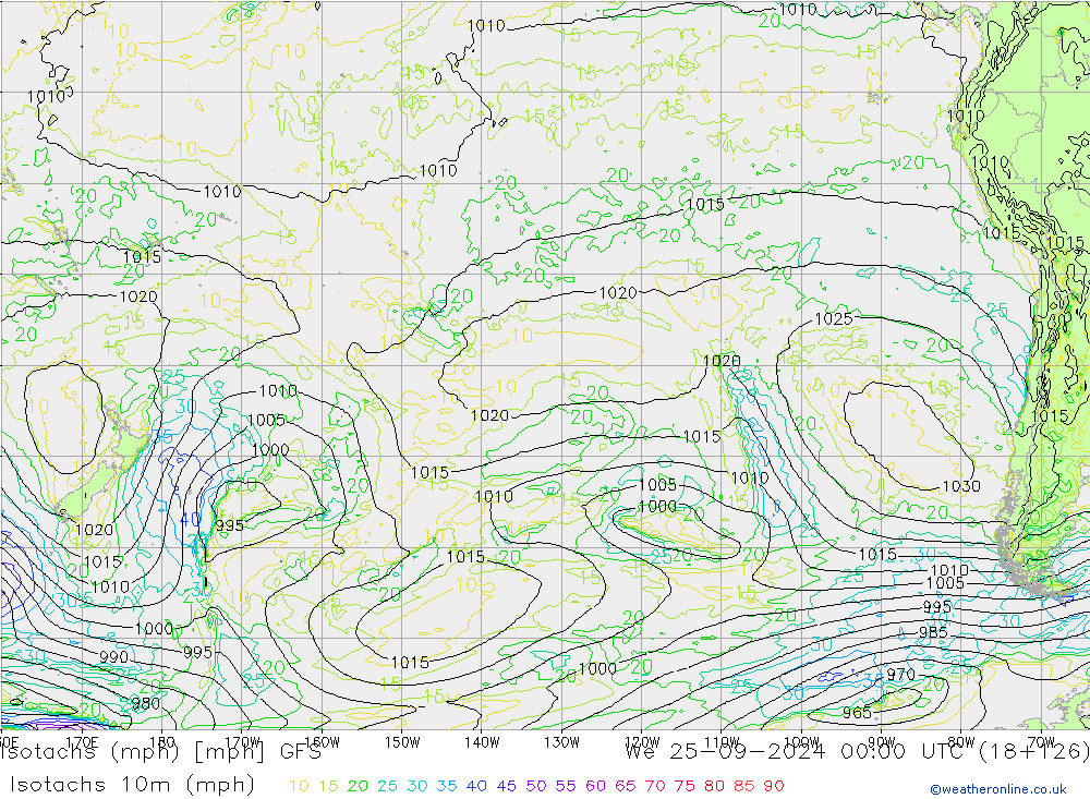 Isotachs (mph) GFS mer 25.09.2024 00 UTC