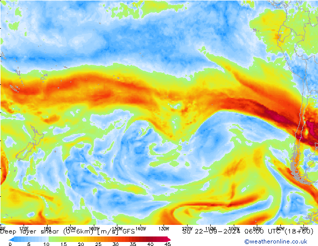 Deep layer shear (0-6km) GFS Ne 22.09.2024 06 UTC