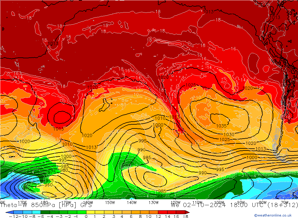 Theta-W 850hPa GFS We 02.10.2024 18 UTC