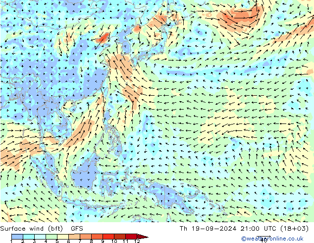 Surface wind (bft) GFS Čt 19.09.2024 21 UTC