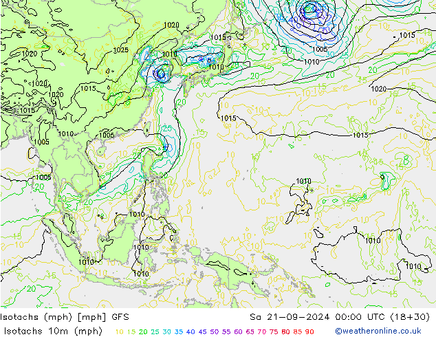 Isotaca (mph) GFS sáb 21.09.2024 00 UTC