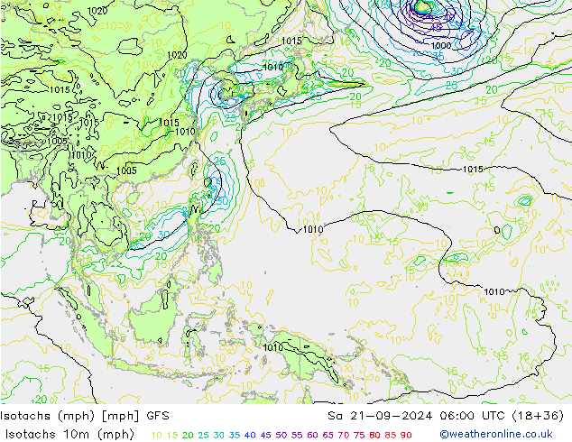 Isotachs (mph) GFS Sa 21.09.2024 06 UTC