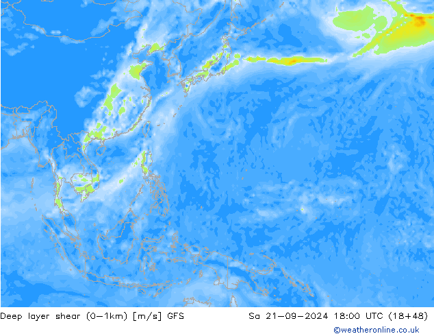 Deep layer shear (0-1km) GFS Sa 21.09.2024 18 UTC