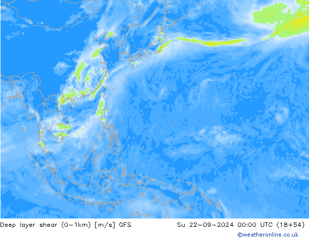 Deep layer shear (0-1km) GFS Su 22.09.2024 00 UTC