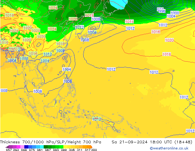 Espesor 700-1000 hPa GFS sáb 21.09.2024 18 UTC