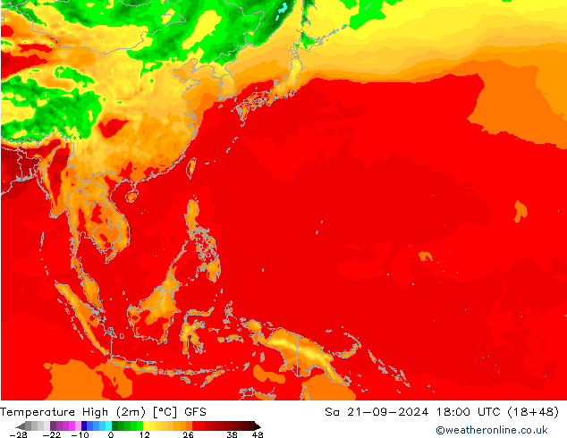 Temp. massima (2m) GFS sab 21.09.2024 18 UTC