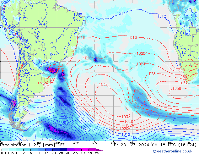 Totale neerslag (12h) GFS vr 20.09.2024 18 UTC