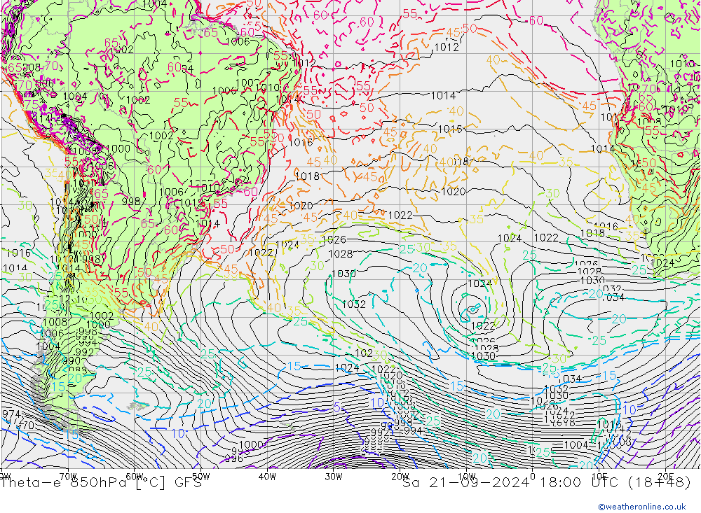 Theta-e 850hPa GFS za 21.09.2024 18 UTC