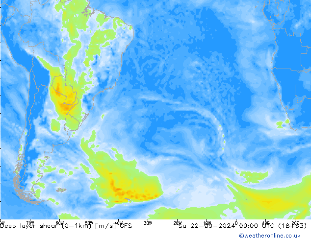 Deep layer shear (0-1km) GFS So 22.09.2024 09 UTC